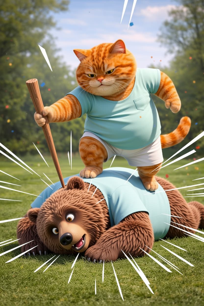 AI generated: A chubby orange tabby cat standing over a sleeping brown bear, hitting the bear's head with a wooden...