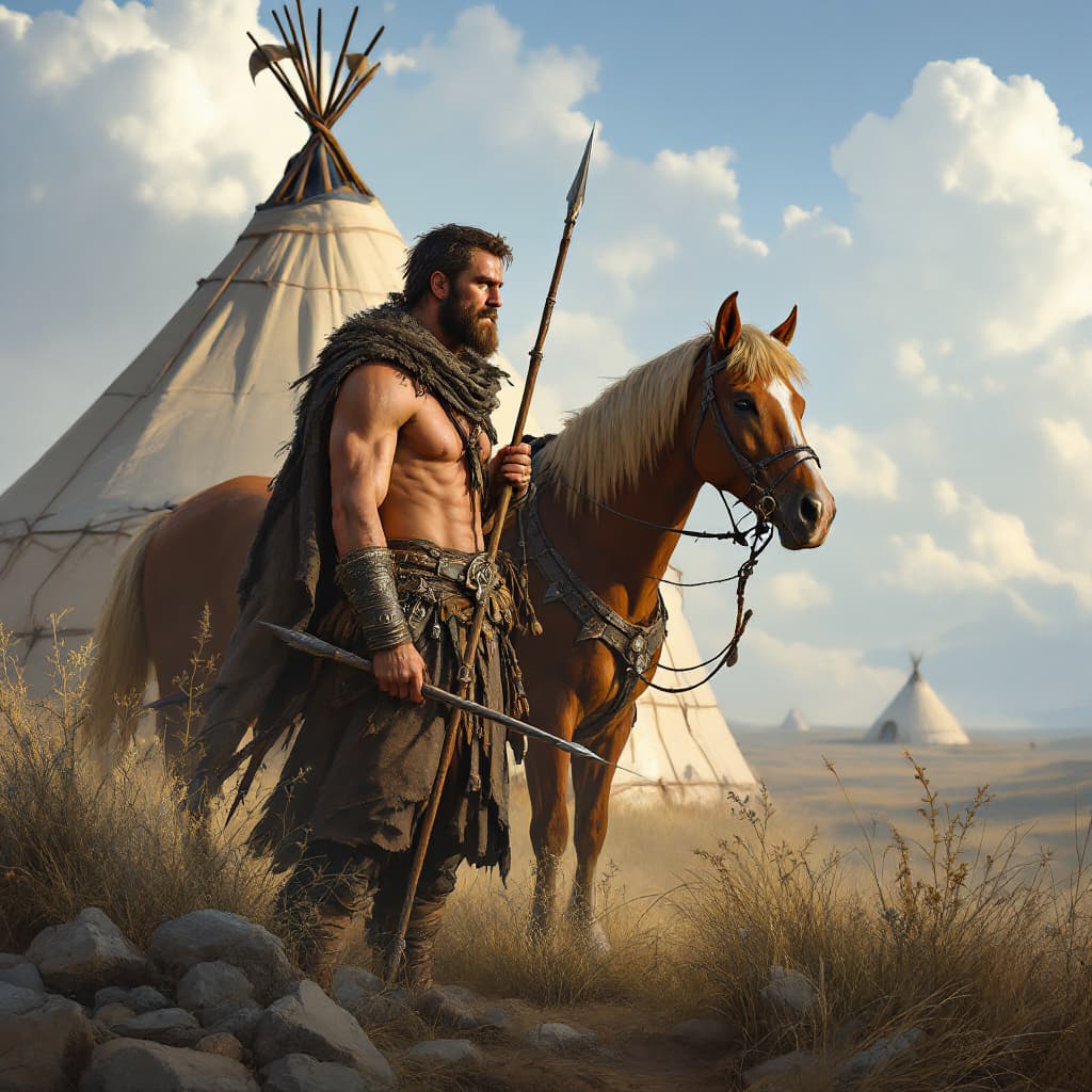 AI generated: a warrior near a yurt next to a horse holds a spear in his hand