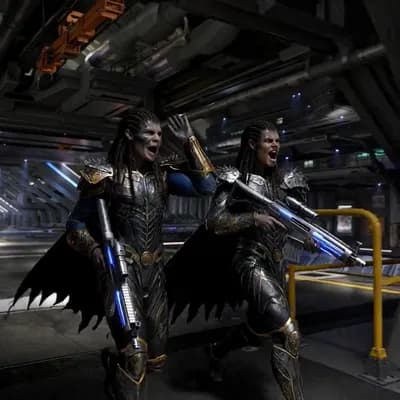 AI generated video: The characters from Reference Image 2 are engaged in a firefight within the environment shown in Ref...