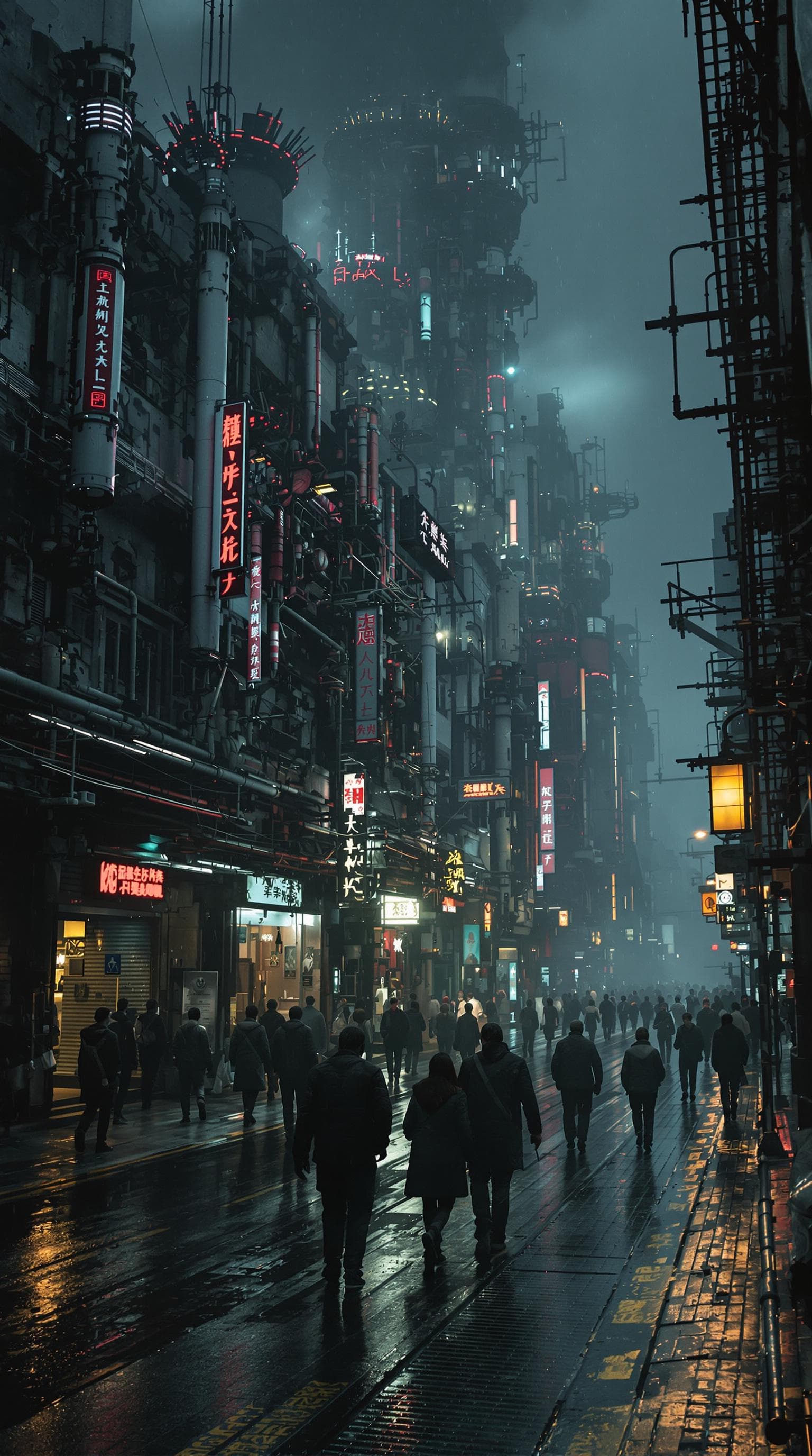 AI generated: Hyperrealistic, hellish, dystopian, decaying buildings, futuristic street scene, 
with a futuristic ...