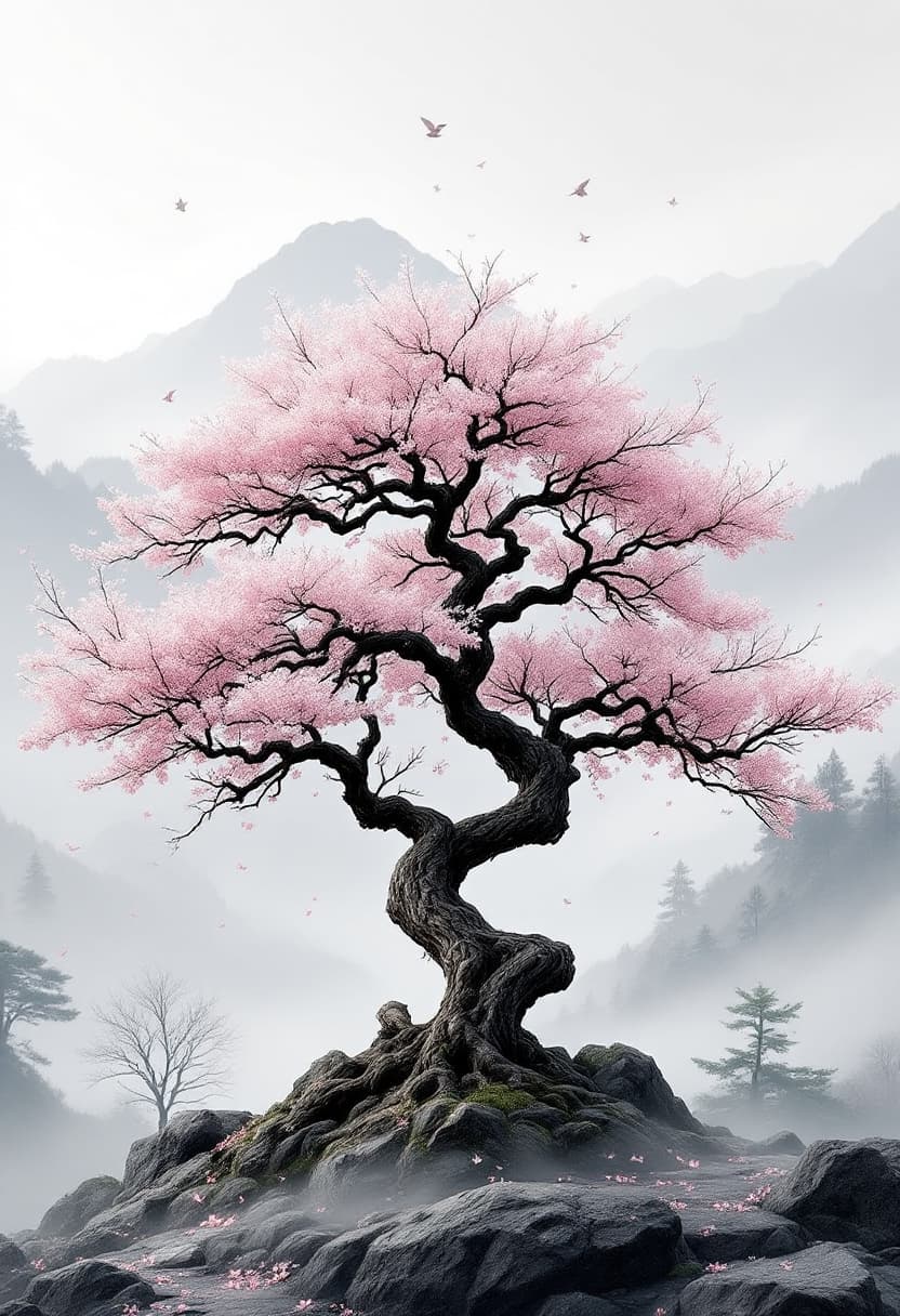 AI generated: Traditional Japanese cherry tree with a naturally twisted trunk and realistic branch structure. The ...