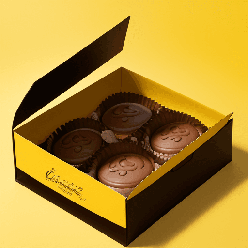 AI generated: portrait photography of a chocolat cookie box on a yellow background, with chocolat cover, professio...
