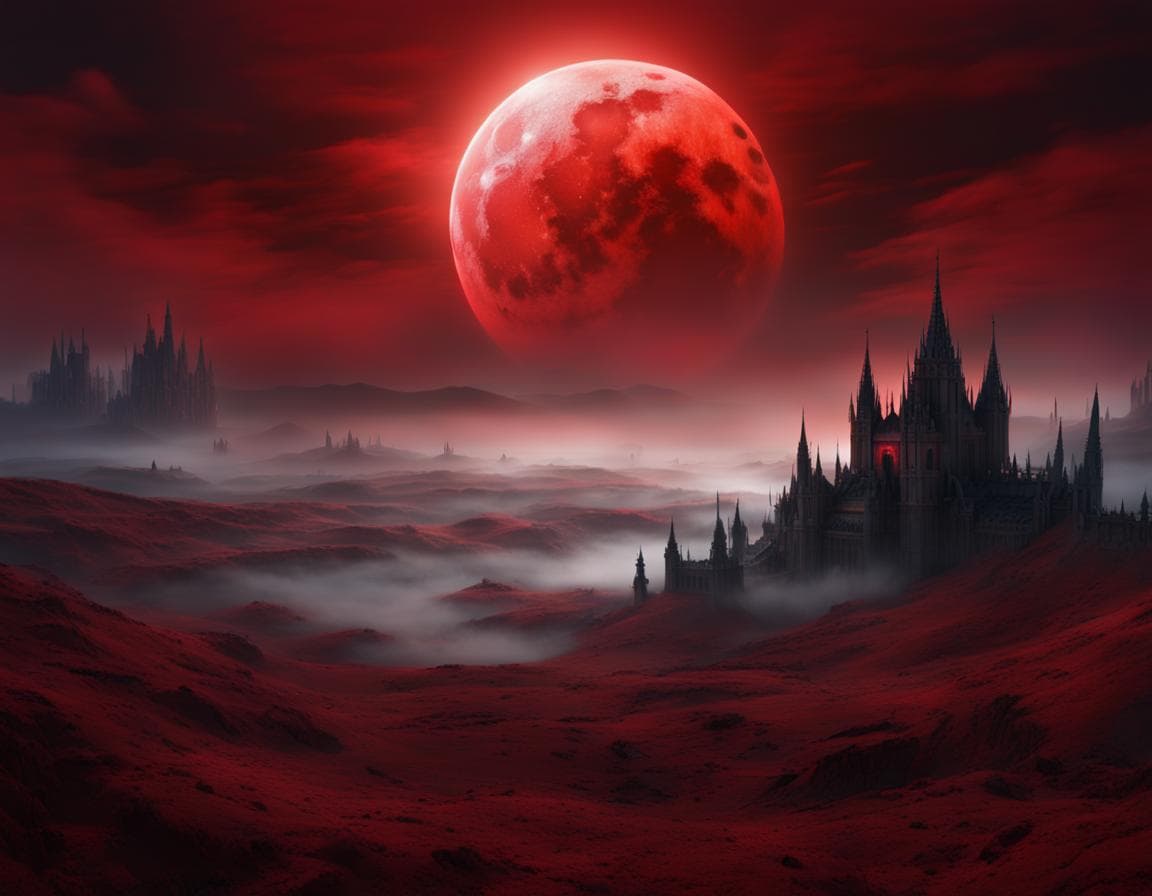 AI generated: A mysterious, fog-shrouded landscape illuminated by a deep red blood moon.
Epic cinematic brilliant...
