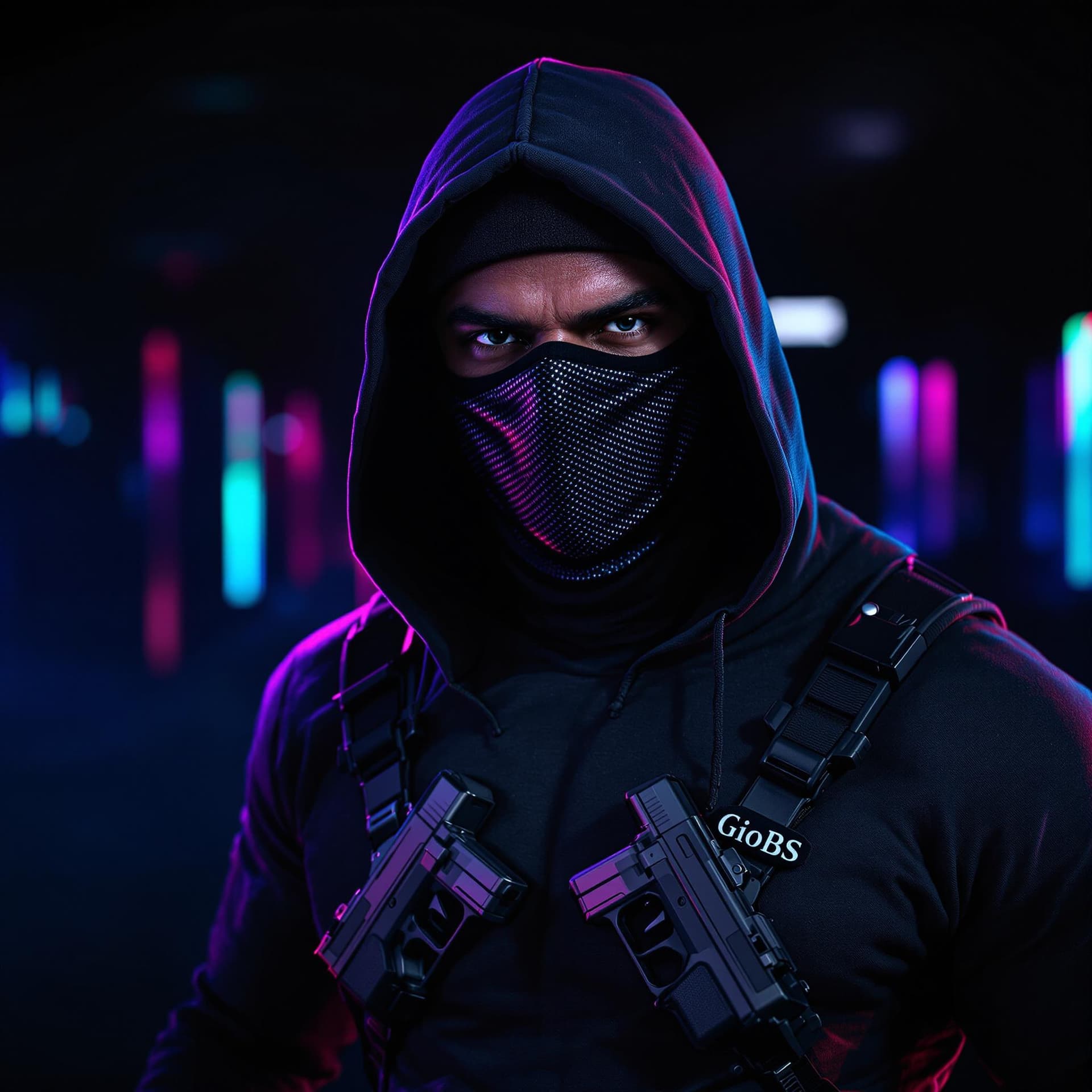 AI generated: dark with RGB lights background,muscle man wearing tight hoody, with a carbon fiber mask,dual 9mm ha...