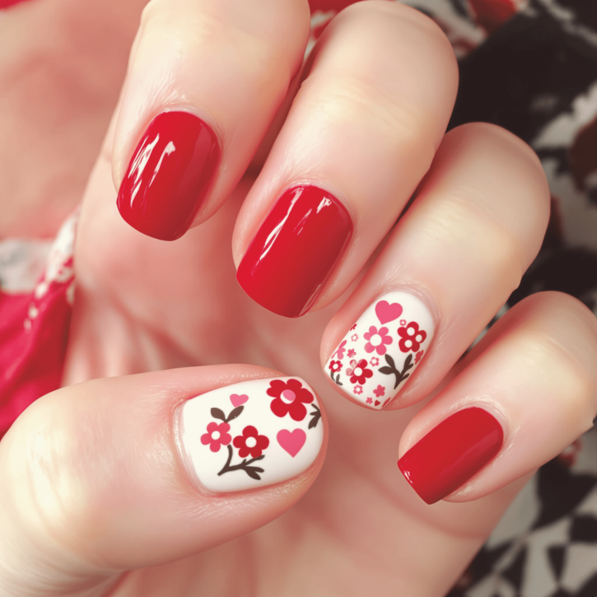 AI generated: A photo of a simple natural nails design with this Red and simple hearts and flowers in the design, ...