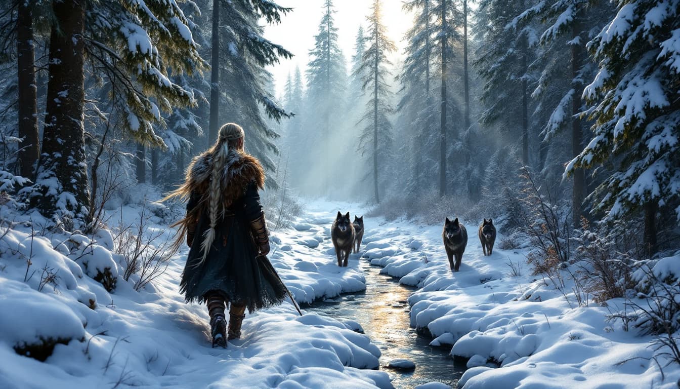 AI generated: Imagine a dense Nordic forest in the depths of winter, where tall pines and firs, a Viking warrior w...