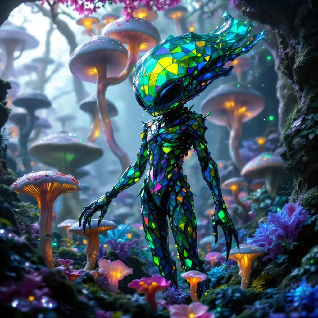 AI generated: In a surreal forest of towering, iridescent fungi, the air shimmers with an otherworldly glow, where...