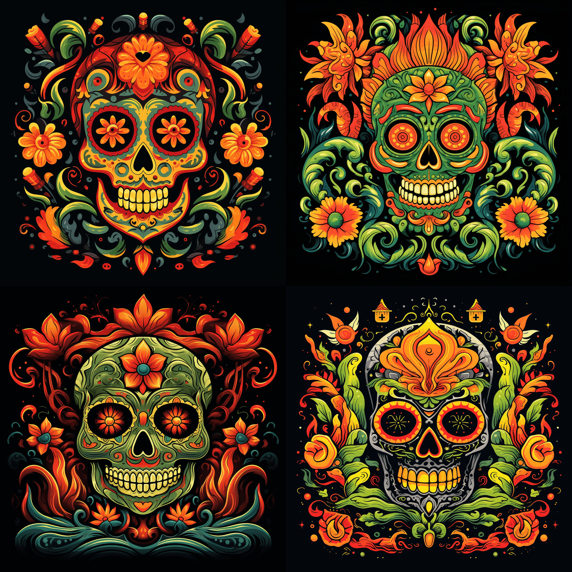 AI generated: A symmetrical design of two eyes and mouth, surrounded by fire elements in the style of folk art ins...