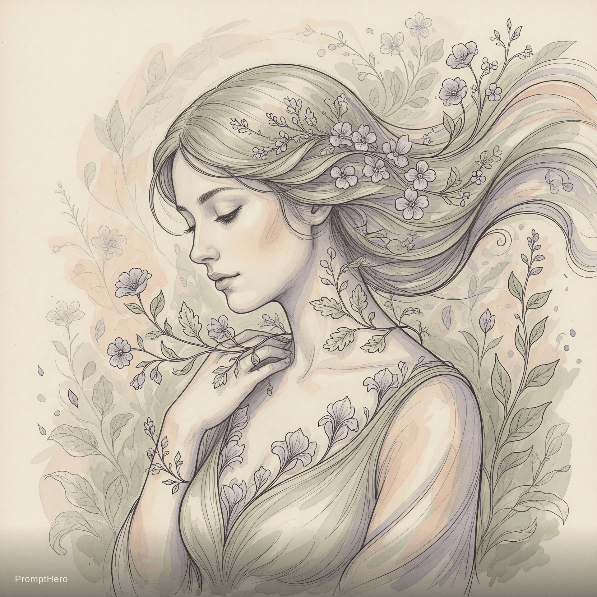 AI generated: Create a beautiful, intricate drawing of a woman in a nature-inspired, art nouveau style. The figure...