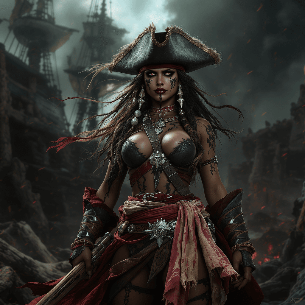 AI generated: Full body view A commanding Native Caribbean pirate captain stands tall amidst the Pirate City of Lo...