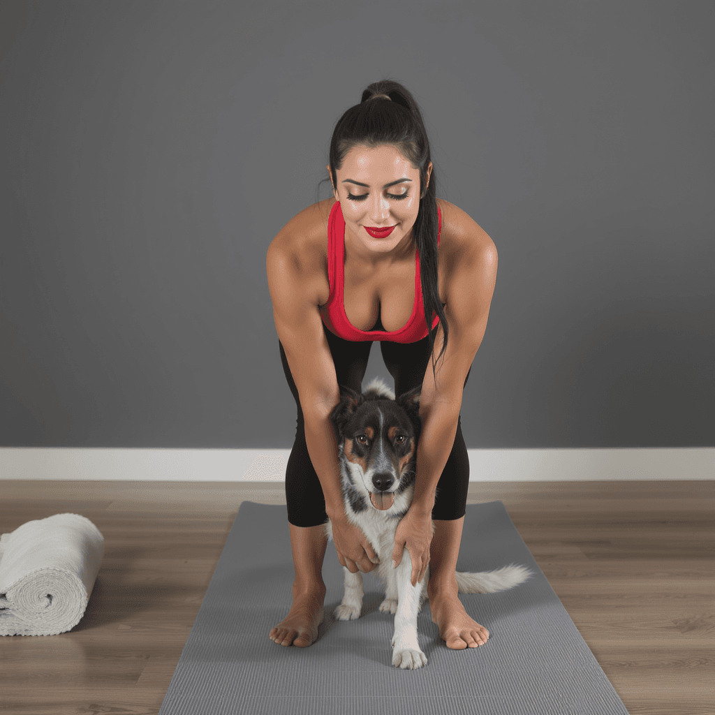 AI generated: European female, long black hair in a low ponytail, big mammeries, black yoga pants  red sports bra,...