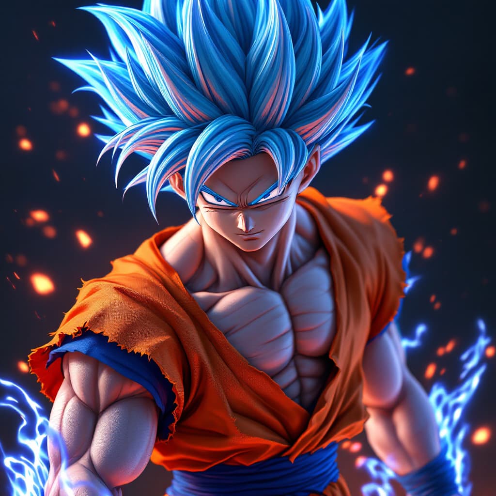 AI generated: "Ultra-realistic Goku Super Saiyan Blue, hyper-detailed muscles, spiky neon blue hair, energy aura, ...