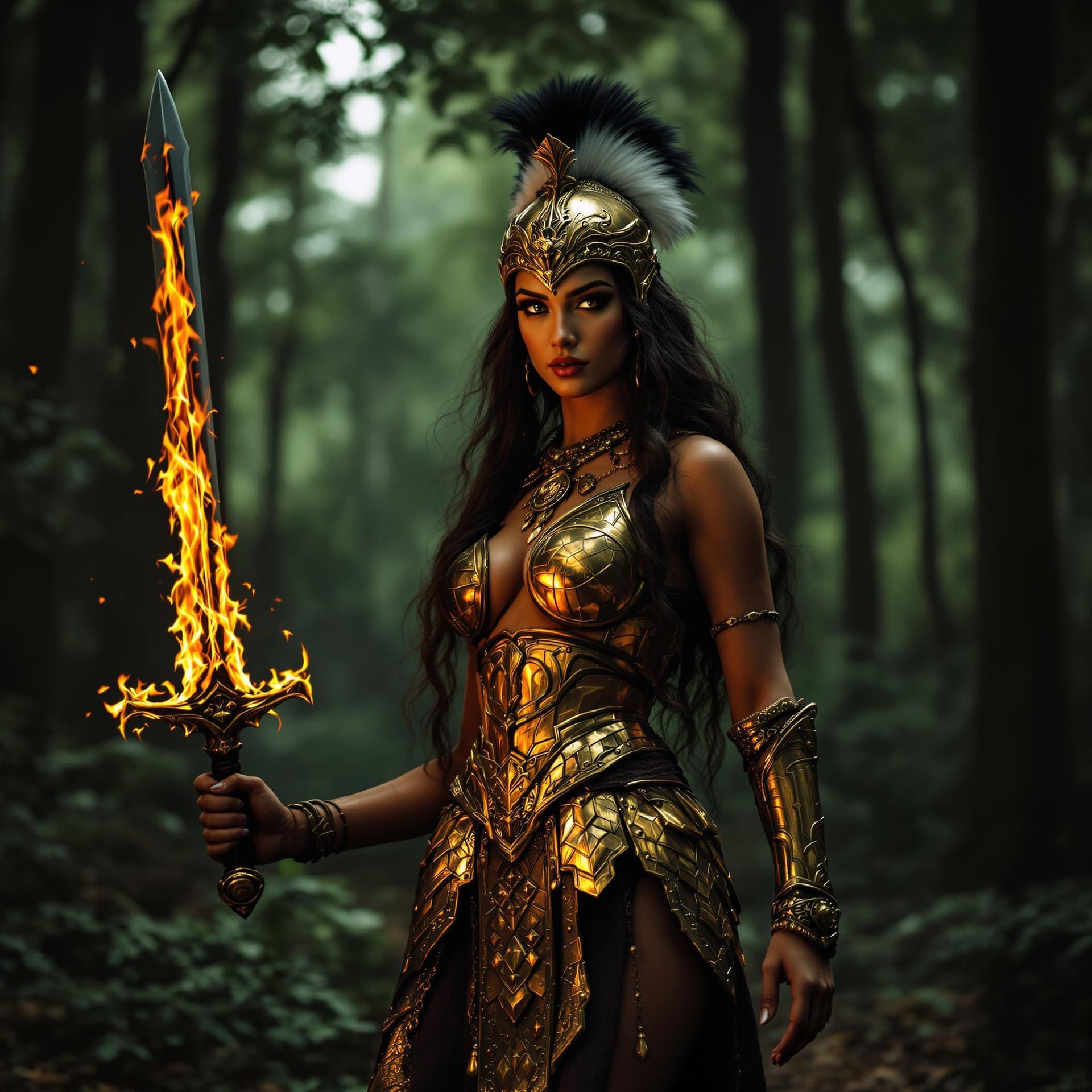 AI generated: a beautiful Indian woman, dressed in medieval warrior costume, golden metal armor, in the middle of ...