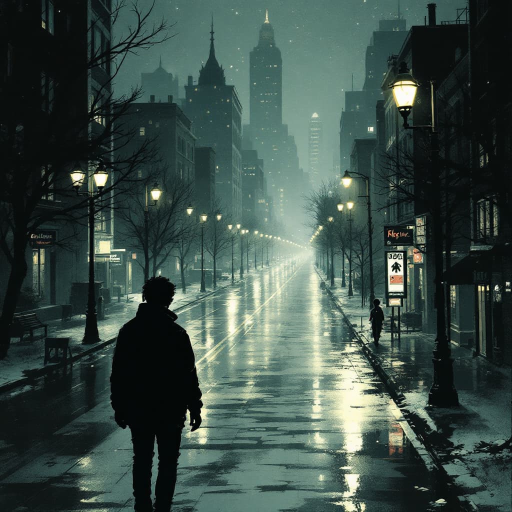 AI generated: a introvert guy with social anxiety walking on a street at night there are lots of very long buildin...