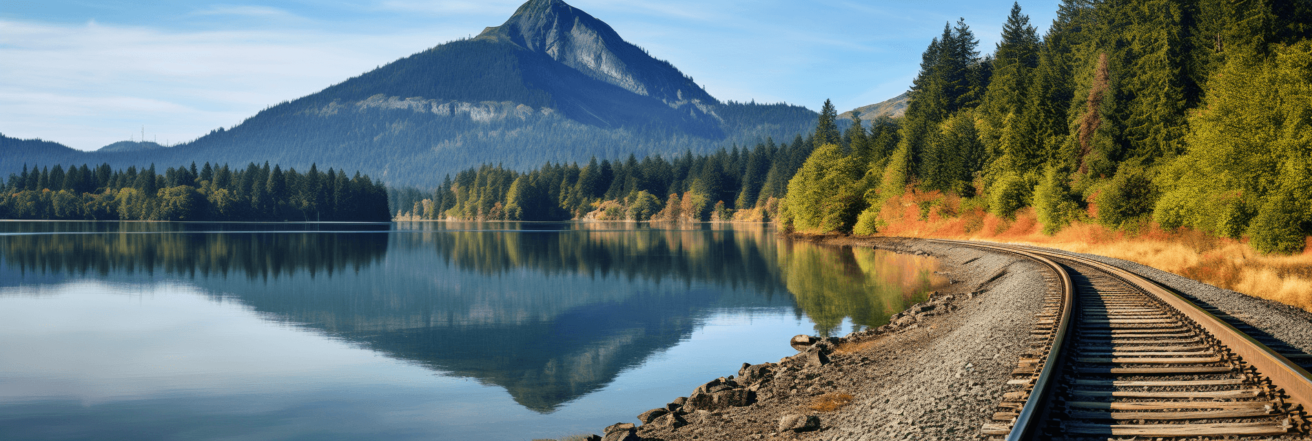 AI generated: panoramic photo of the fr obvious oregon train tracks with c wallpaper, lake in background, mountain...