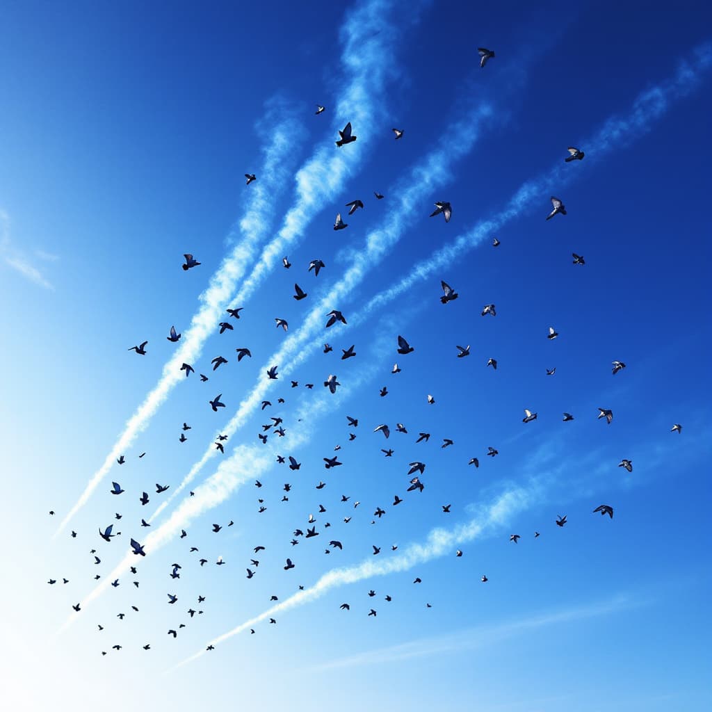 AI generated: Pigeons in the sky leaving smoke trails.