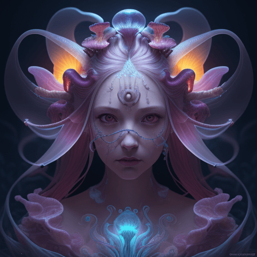 AI generated: Goddess close-up portrait ribcagel. jellyfish phoenix head, nautilus, orchid, skull, betta fish, bio...