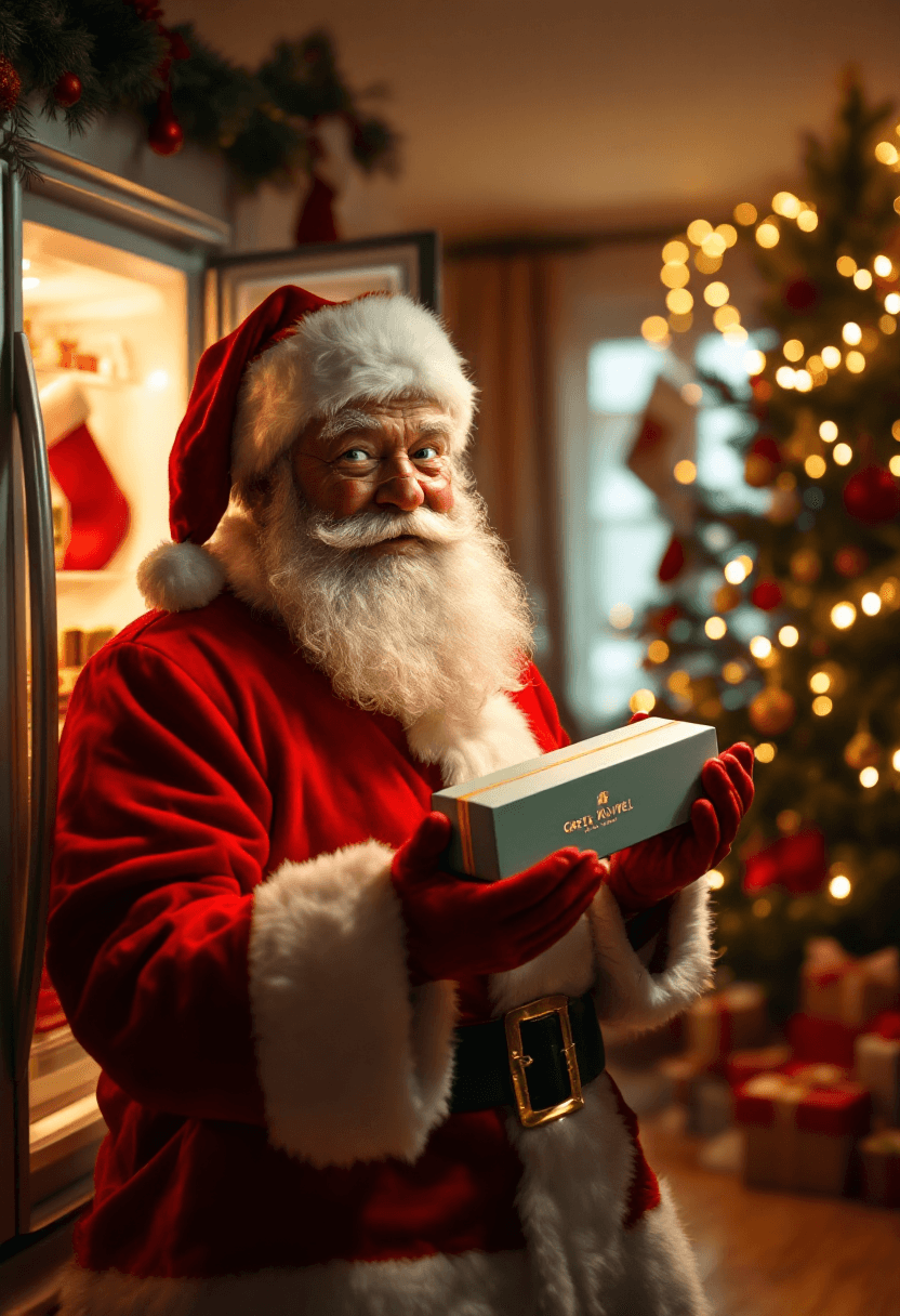 AI generated: A realistic flash-photo style image of Santa Claus caught red-handed holding a luxurious small hand ...
