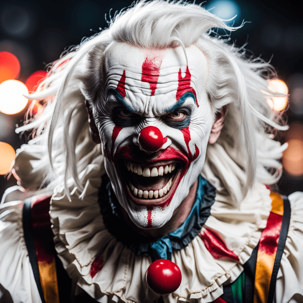 AI generated: (photo RAW),creepy angry evil man clown with long, sharp bloody teeth,fantasy, horror,white hair,mas...