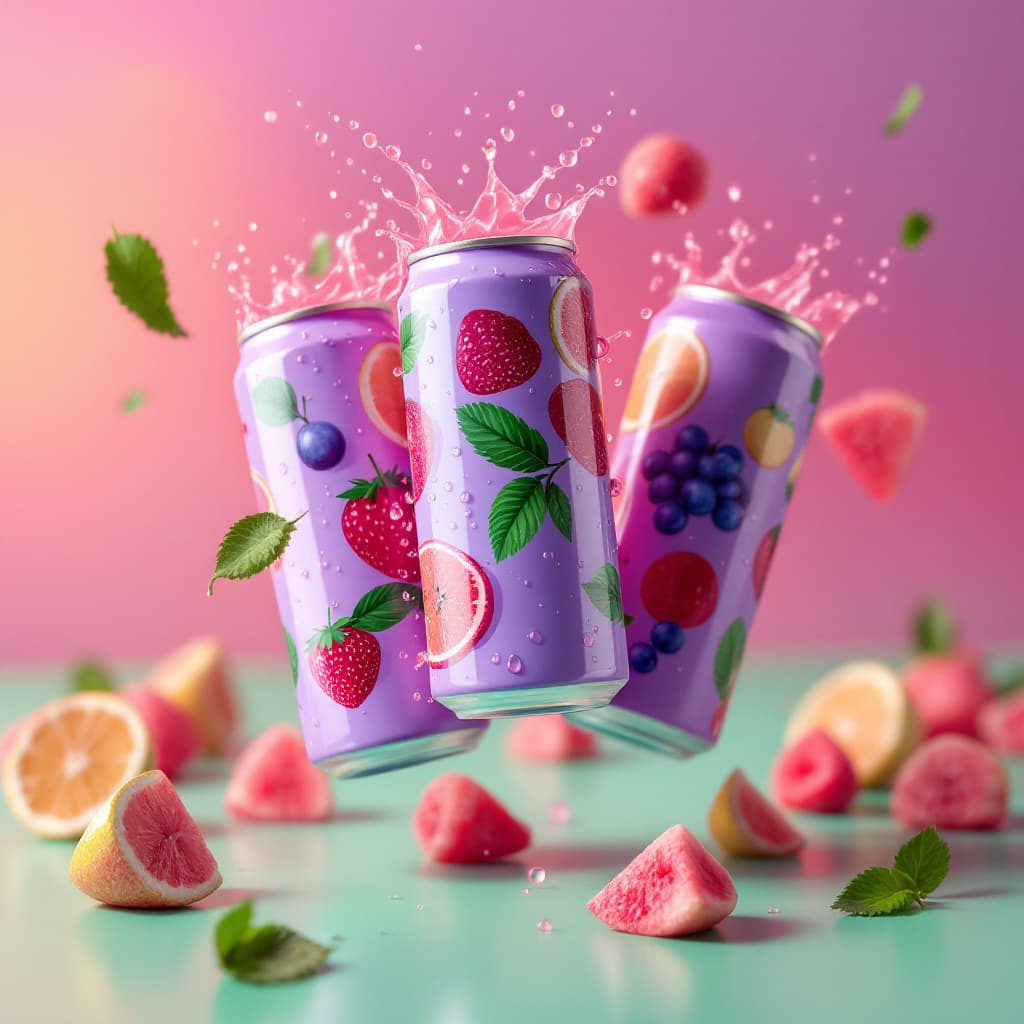 AI generated: three refreshingly cold cans positioned against a pastel purple red and green sunset gradient backgr...