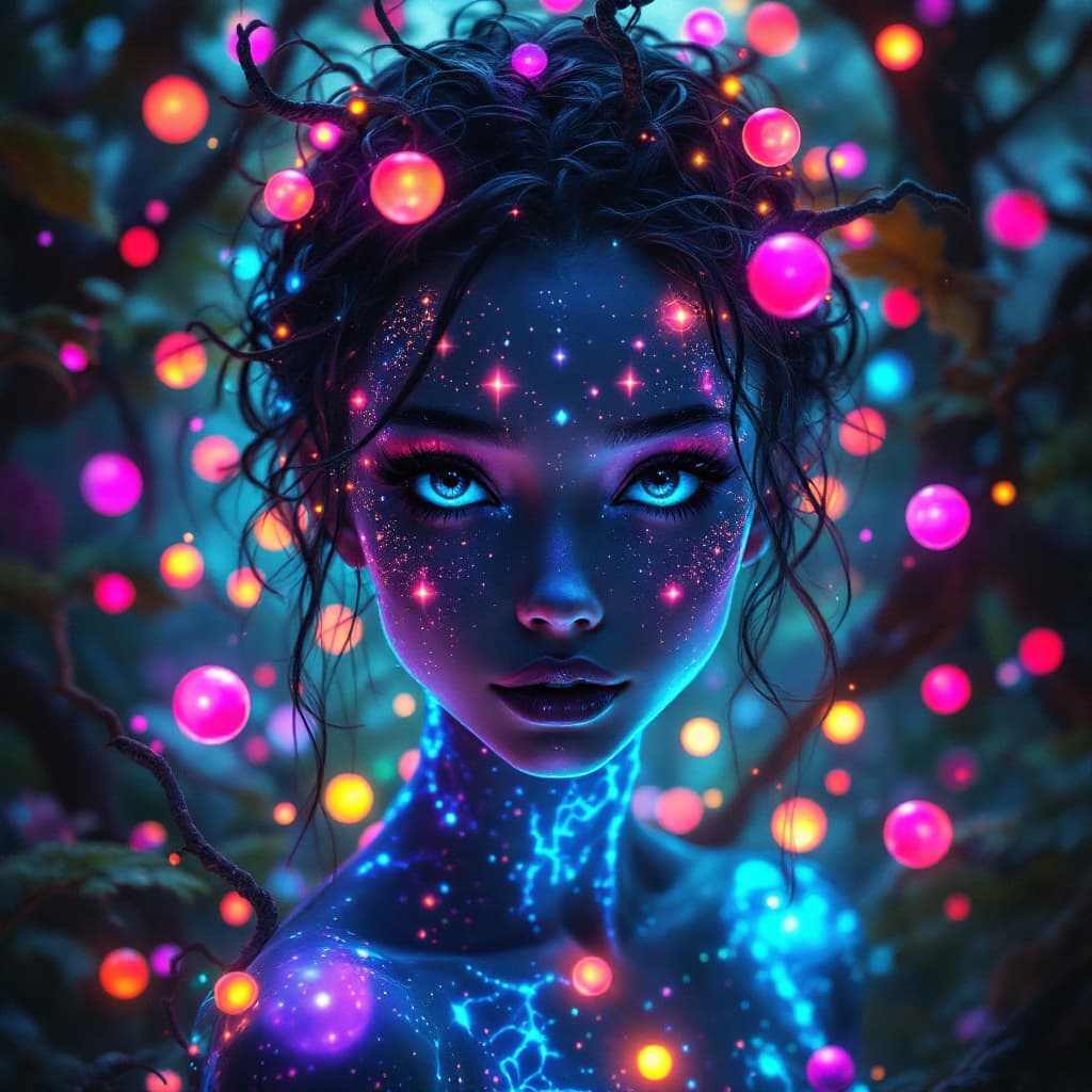 AI generated: Surreal 4k painting of a beautiful princess with expressive black eyes and cosmic features. Her skin...