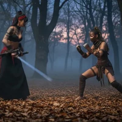 AI generated video: The fight begins slowly, as the two men circle around.
The black-clad swordswoman attacks with fluid...
