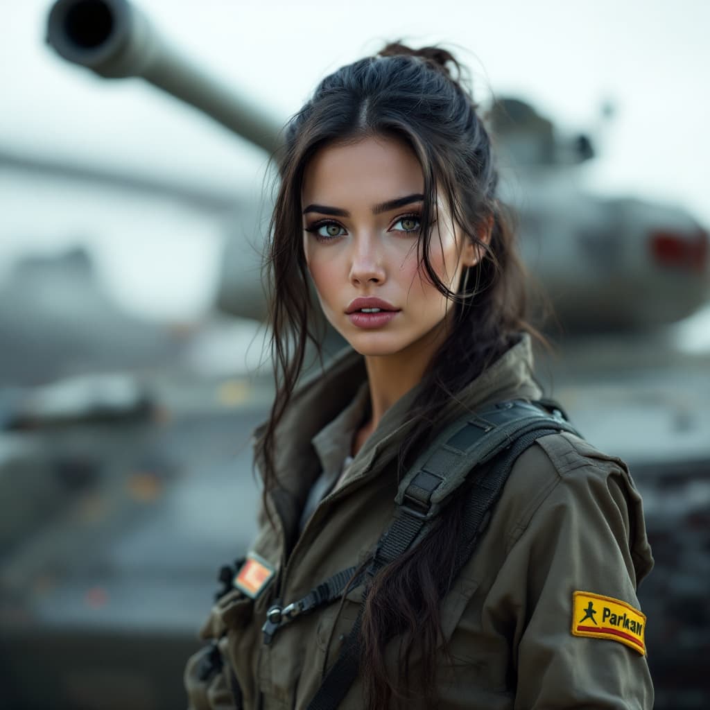 AI generated: gorgeous female dressed as tank driver, attractive, flirting, (((full body visible))), looking at vi...