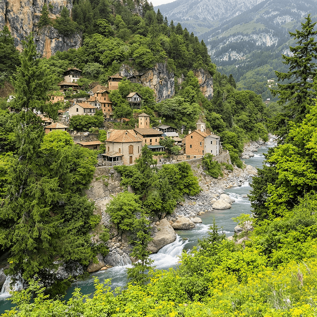 AI generated: Ancient village along side beautiful river and hill, green forest 