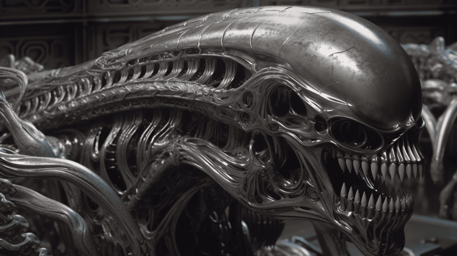 AI generated: H. R. Giger biomorph architectures, walls with Giger xenomorphs and aliens, detailed, shiny silver m...