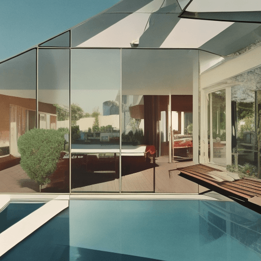 AI generated: Hyper realistic eye level exterior photo of a mid century modern style house overlooking the ocean, ...