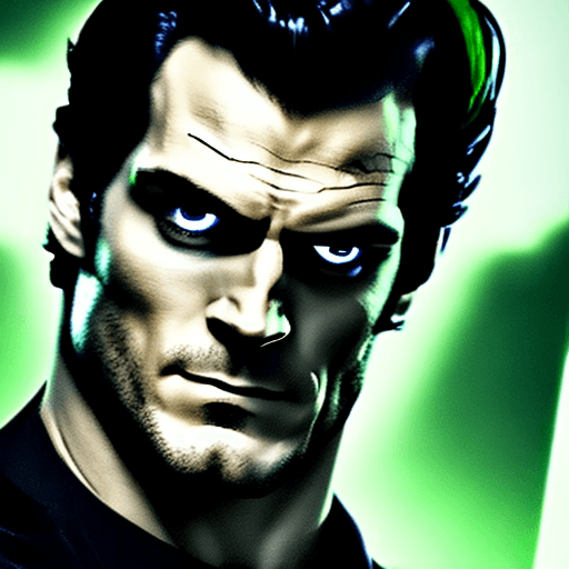 AI generated: A full body shot of a menacing looking man, clad in a black and green super suit, slowly walking tow...