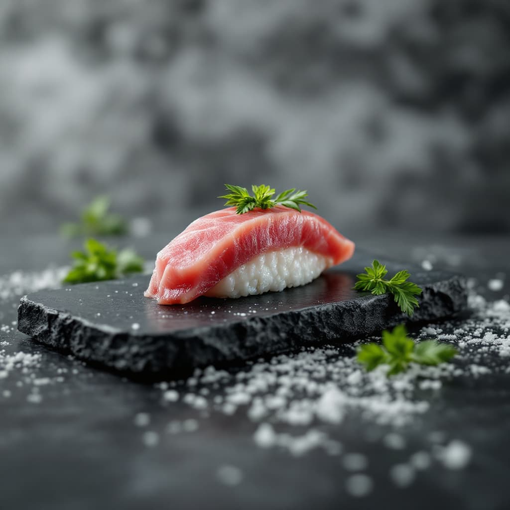 AI generated: single fresh thick slice tuna sushi on the stone dark table in the loft style room with light gray h...