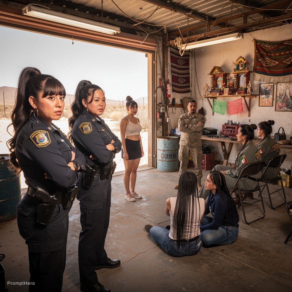 AI generated: For a public safety demonstration 2 beautiful mexican females  wearing   Police  uniforms  got captu...