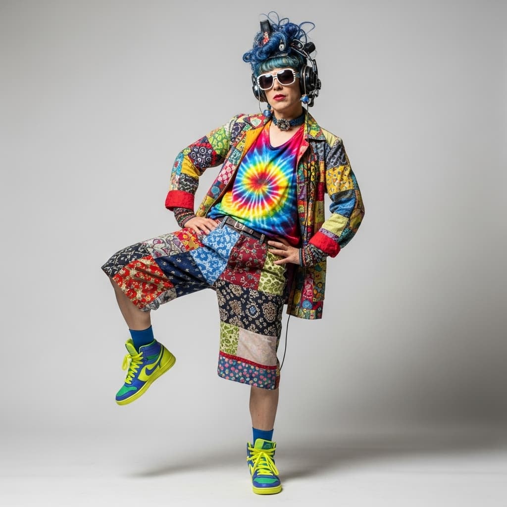 AI generated: a person posing in an eclectic and colorful outfit. They are wearing a vibrant jacket with patches, ...
