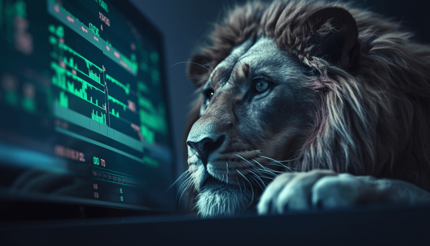 AI generated: a lion that eats taxes, background of monitor with stock and trade chart, blur, dark blue and green ...
