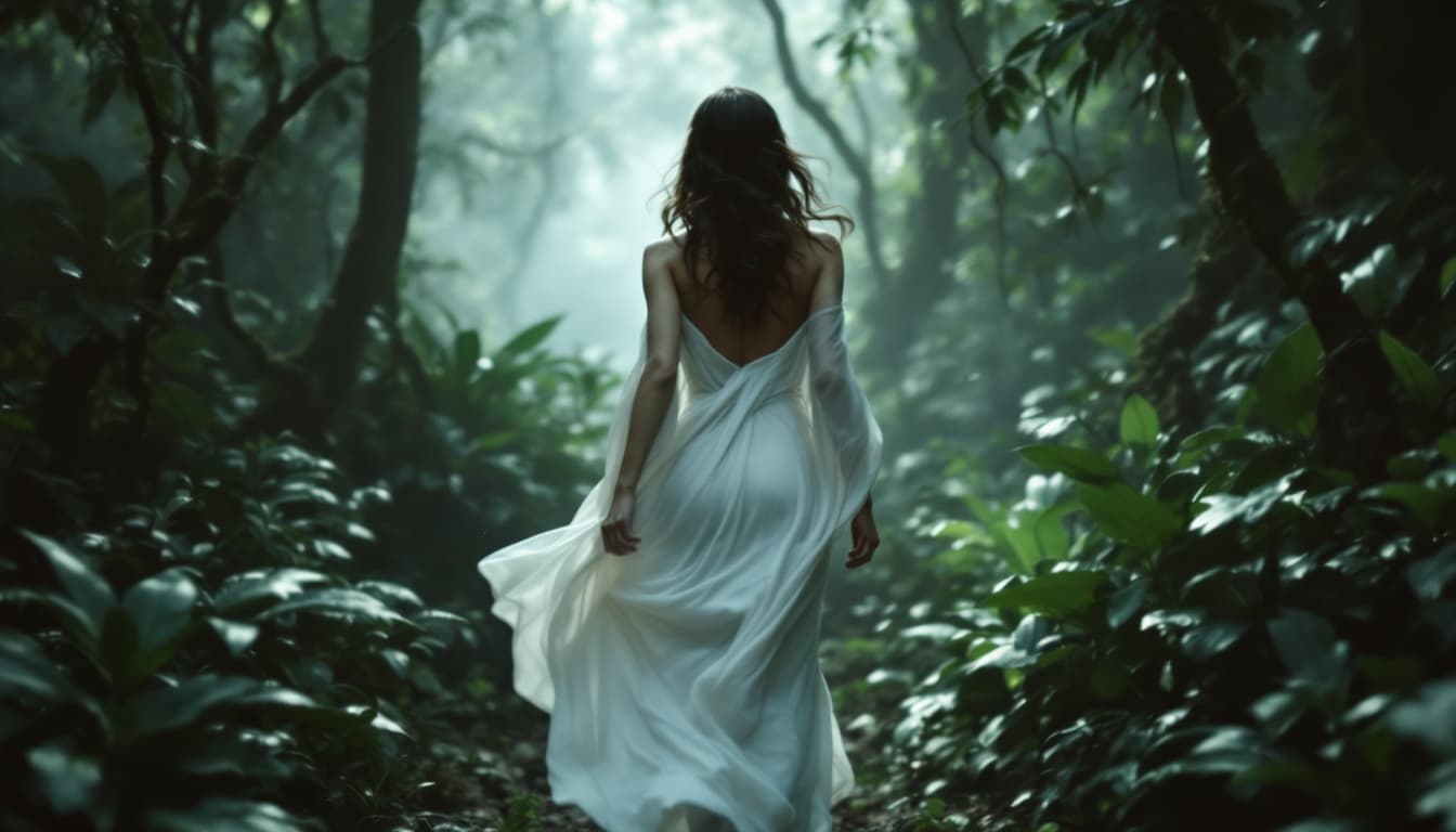 AI generated:  high definition camera shot from behind- a woman in white gown running in a deep jungle