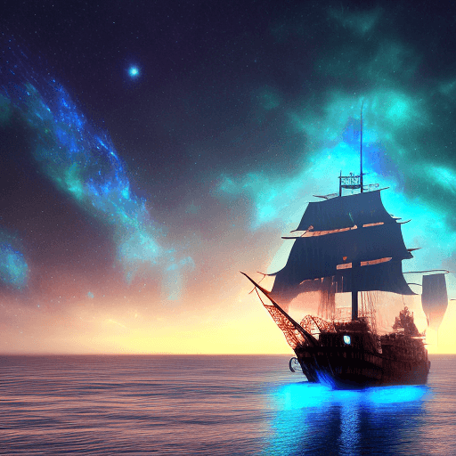 AI generated: (Pirate ship sailing into a bioluminescence sea with a galaxy in the sky), epic, 4k, ultra,
