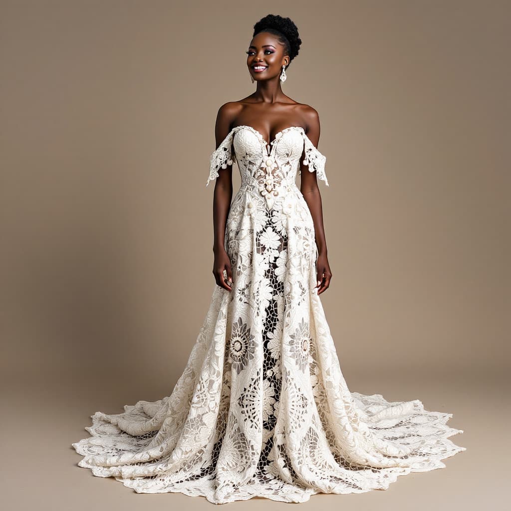 AI generated: "An elegant African-inspired wedding dress made entirely of crochet. The dress features intricate an...