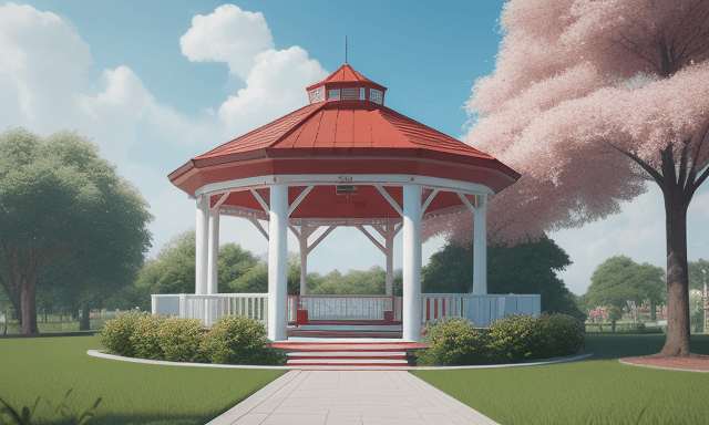 AI generated: Summer park in the distance gazebo with white columns and red roof, the style of the graphic is styl...