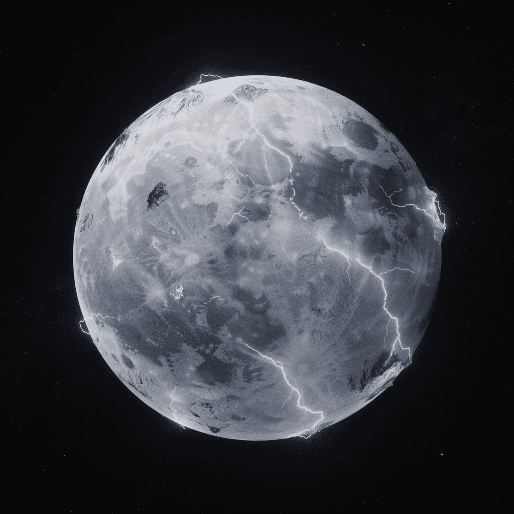 AI generated: a grey, White and black moon that has white lightning storms covering its surface with that likes li...