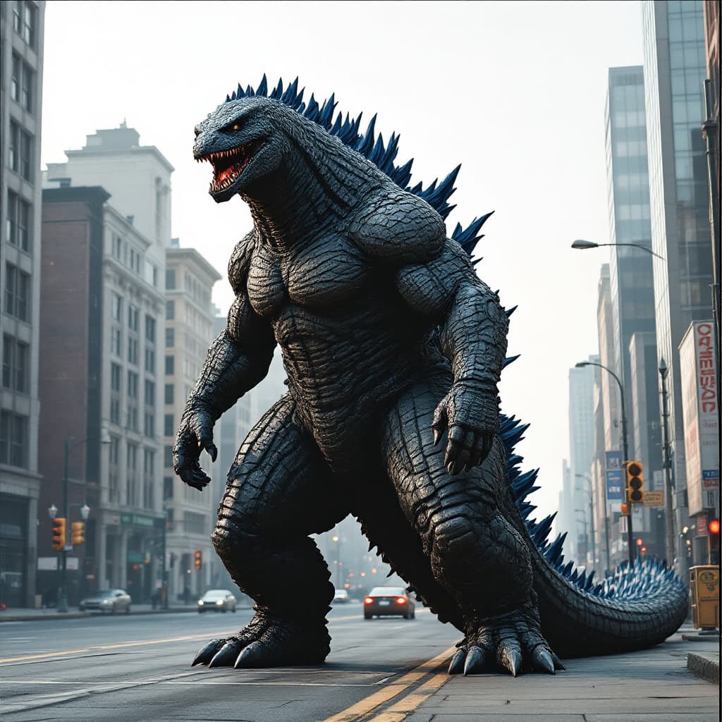AI generated: very fit and athletic godzilla standing in an empty city street hi full front view as an American ma...