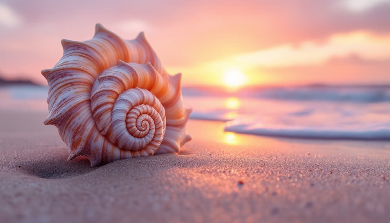 AI generated: Capture the serene beauty of a large, spiraled shell resting on a beach at sunset. Focus on the intr...