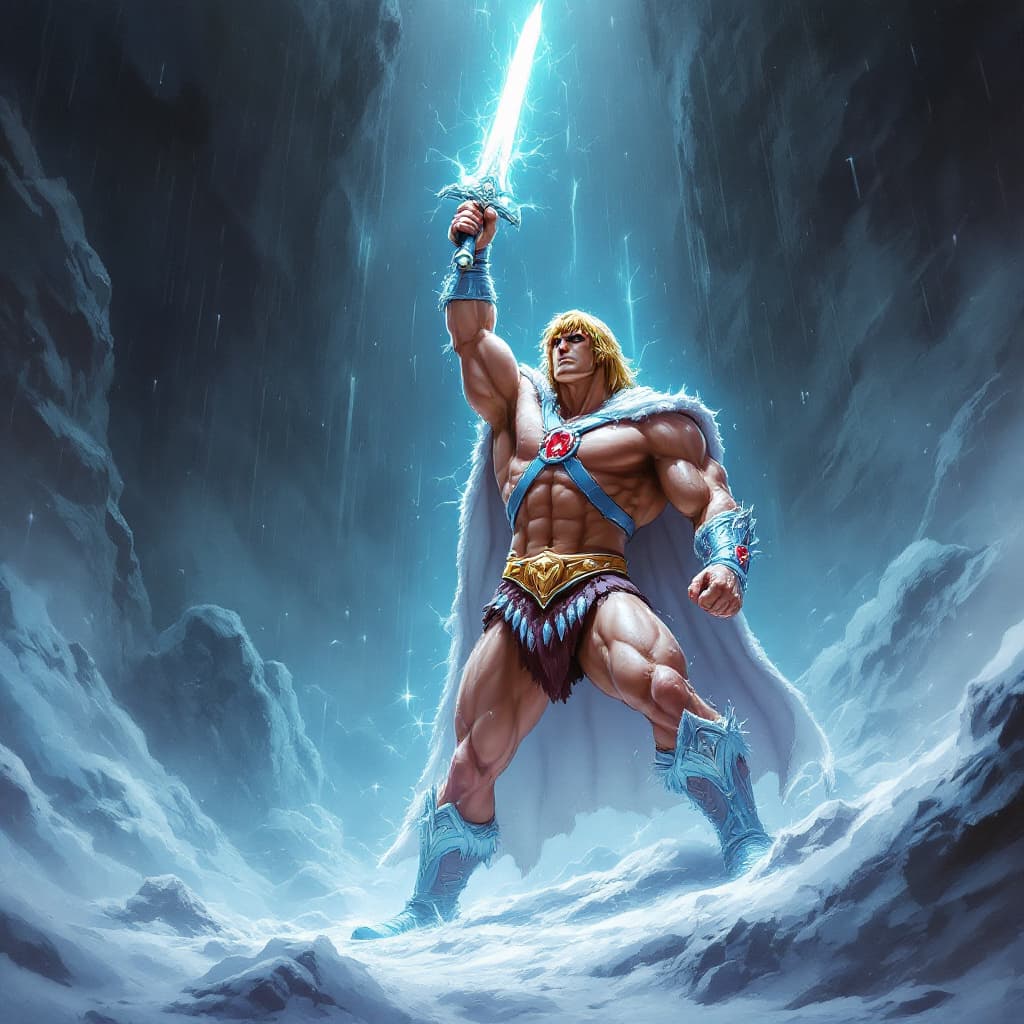 AI generated: He-Man, o lendário guerreiro, ergue sua espada brilhante acima da cabeça em meio a uma tempestade de...