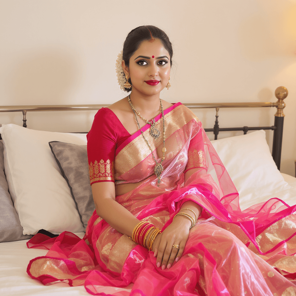 AI generated: busty indian with no blouse in transparent saree, sitting on bed