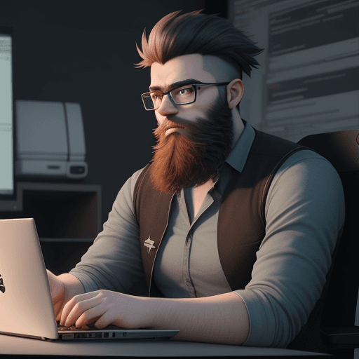 AI generated: a young man with beard wearing glasses is using a laptop, a computer rendering by senior character a...