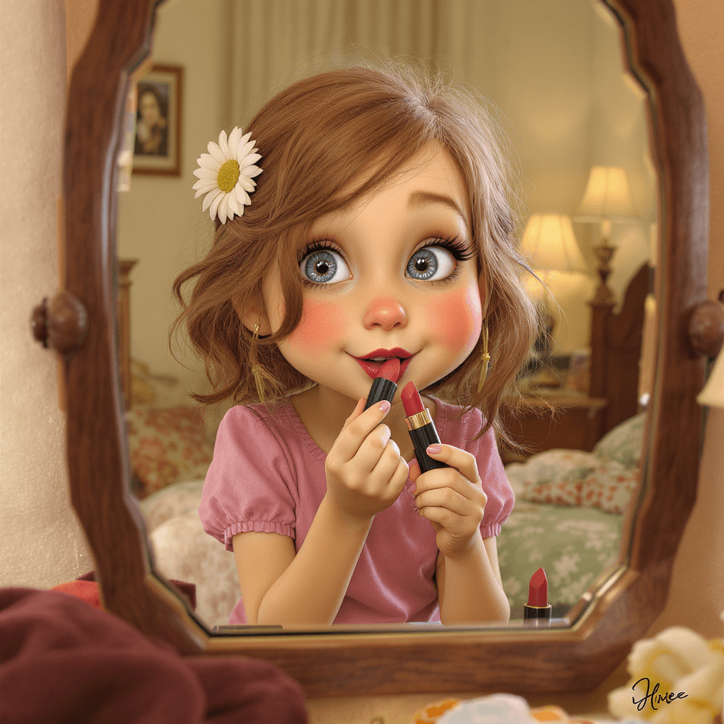 AI generated: Caricature.  whimsical, little lady, playing with moms lipstick, looking in the mirror while putting...