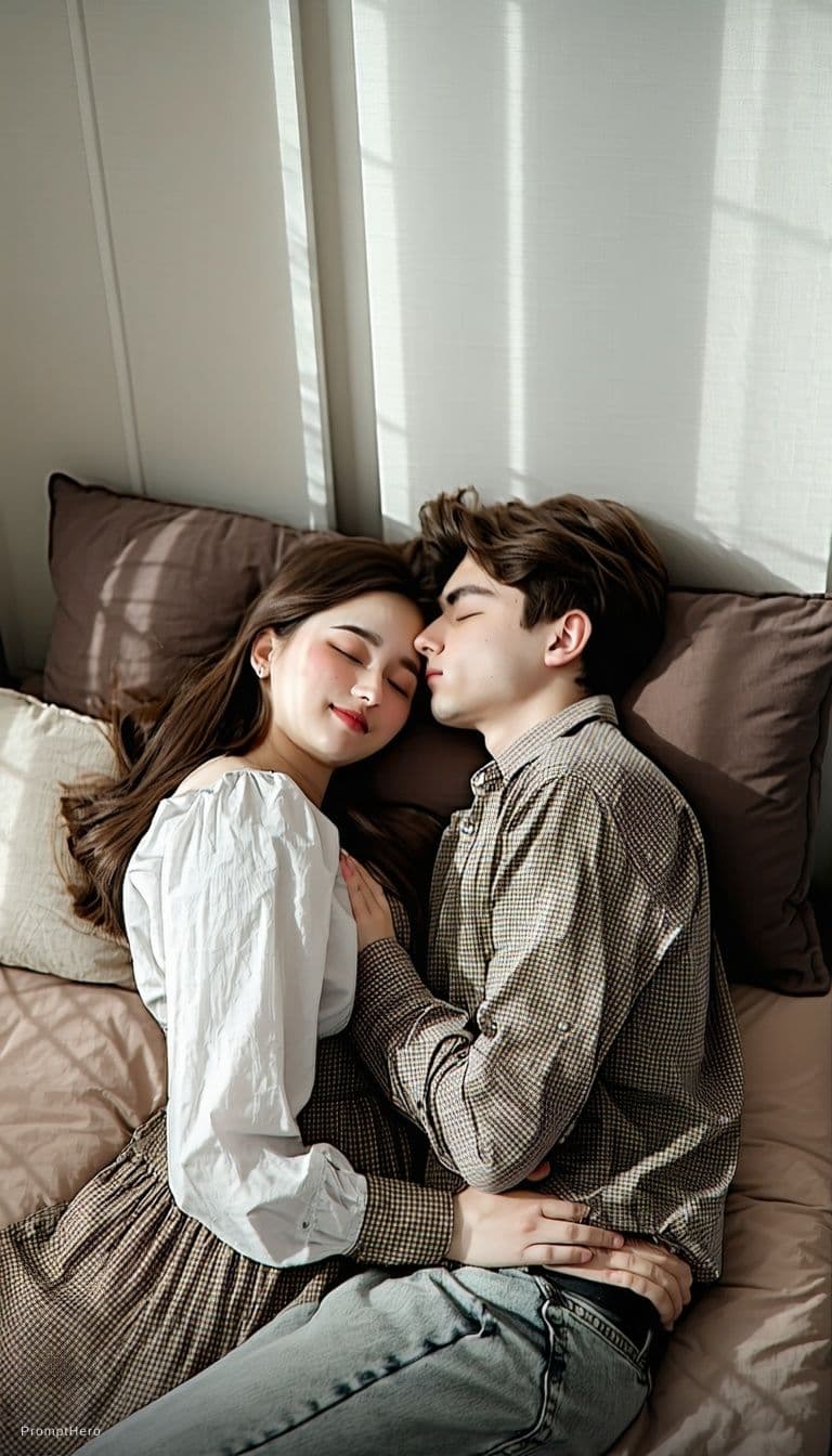 AI generated: Make a photo in which the girl is in a dress and the boy is in underwear and they are sleeping toget...