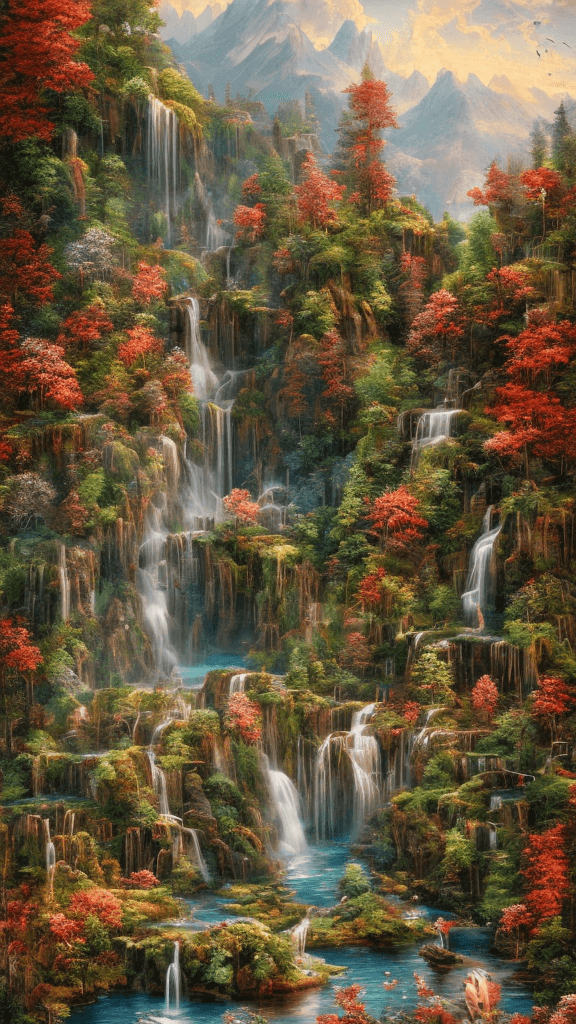 AI generated: summer landscape, red color, Bokeh, the waterfall flows into the lake, insanely detailed and intrica...
