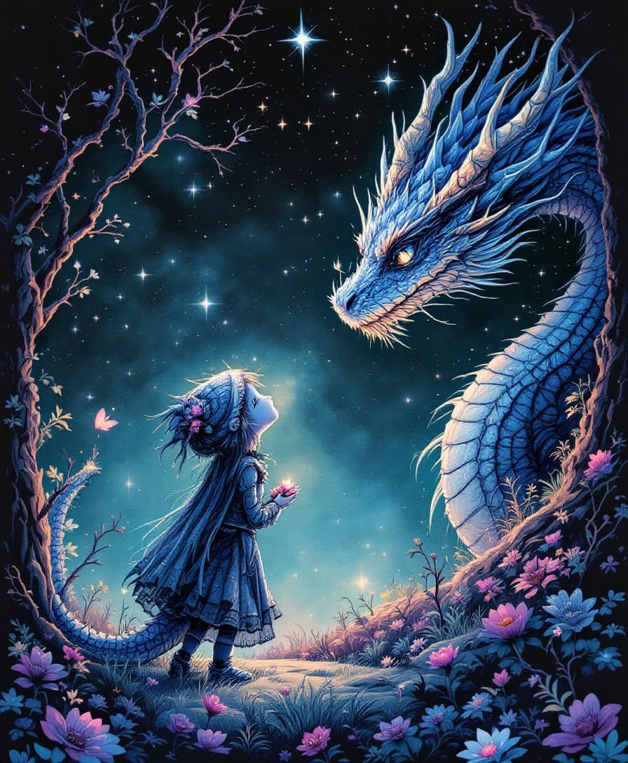 AI generated: a beautiful hyperdetailed quaint stylized image of a tiny magical whimsical dragon, looking up at a ...