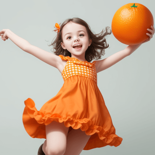 AI generated: A girl wearing a cute dress, taking a photo shoot, holding an orange in her right hand, jumping a li...